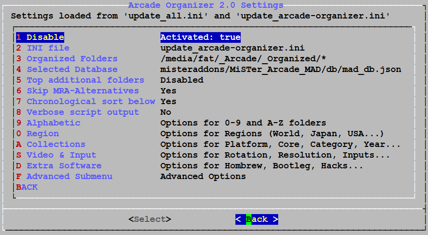 screnshot of arcade organizer options in update all menu