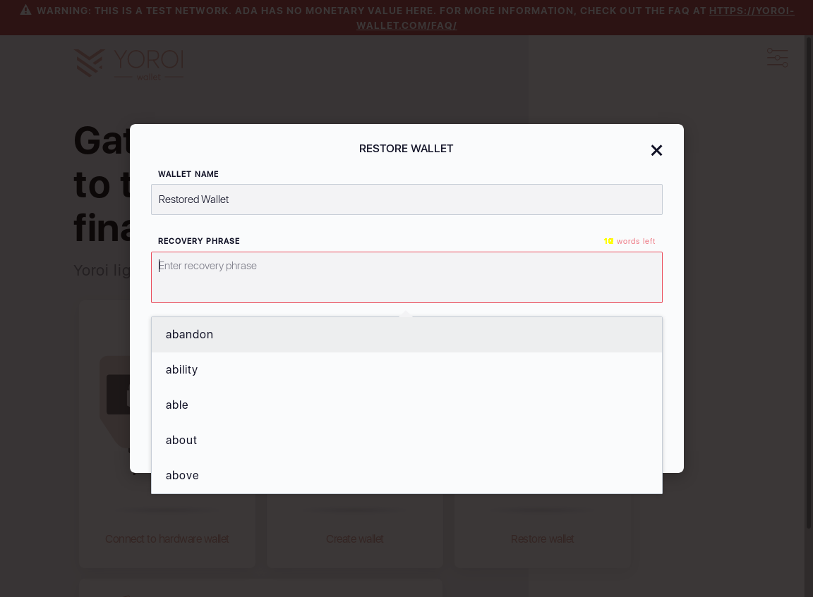 Mnemonic words can be cleared by pressing x sign for each word on wallet restoration screen IT13/6_28-I delete recovery phrase by clicking x signs.png