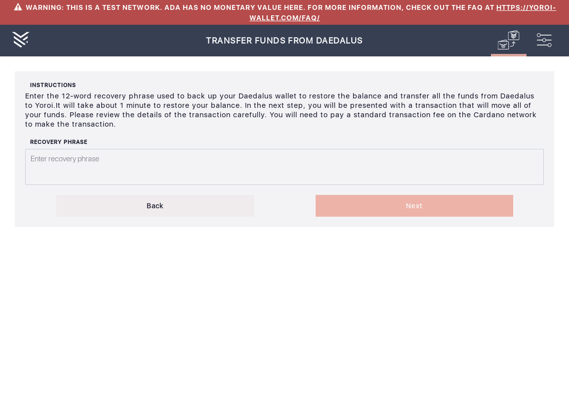 User can transfer Daedalus funds to Yoroi using 12word mnemonic phrase IT45/5_41-I click on the transfer funds from Daedalus button.png