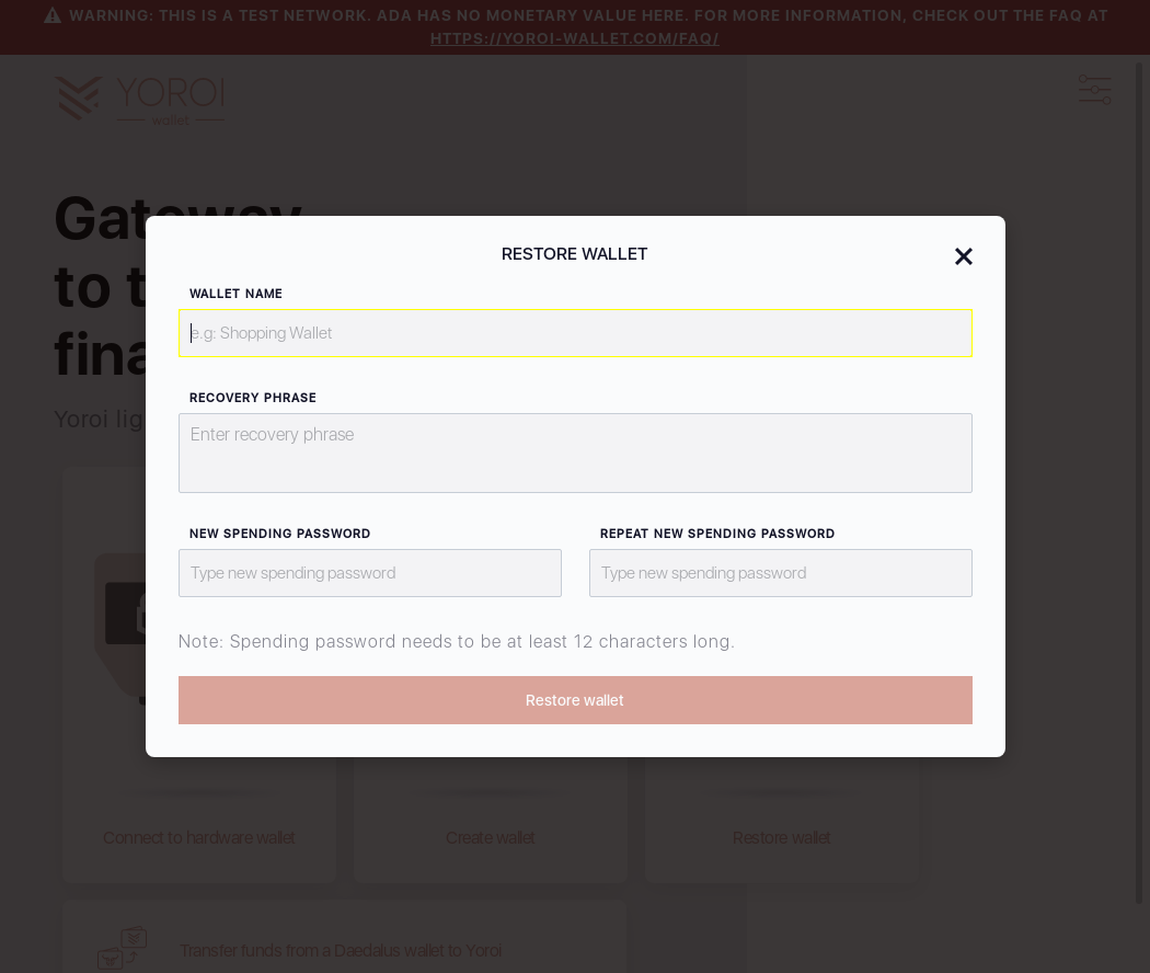 Mnemonic words can be cleared by pressing x sign for each word on wallet restoration screen IT13/3_28-I click the restore button.png