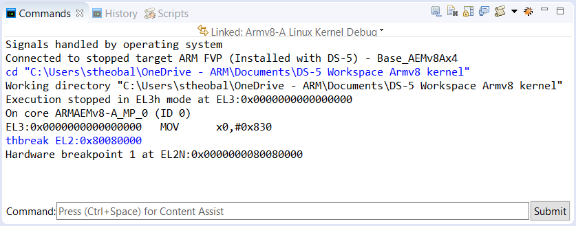 Example of the target being stopped at the entry point of the Trusted Firmware