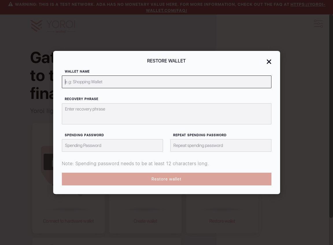 firefox/Mnemonic words can be cleared by pressing x sign for each word on wallet restoration screen IT13/3_28-I click the restore button.png