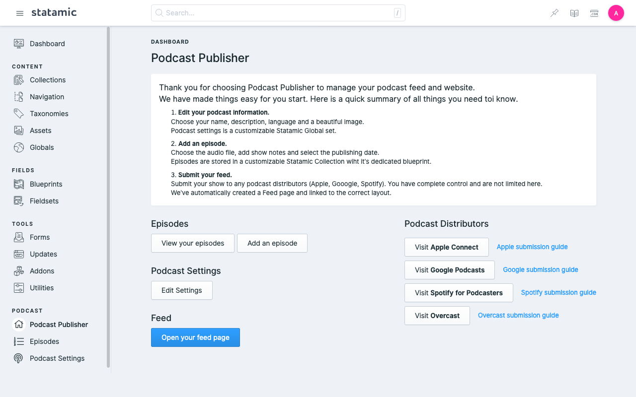 Statamic Podcast Dashboard