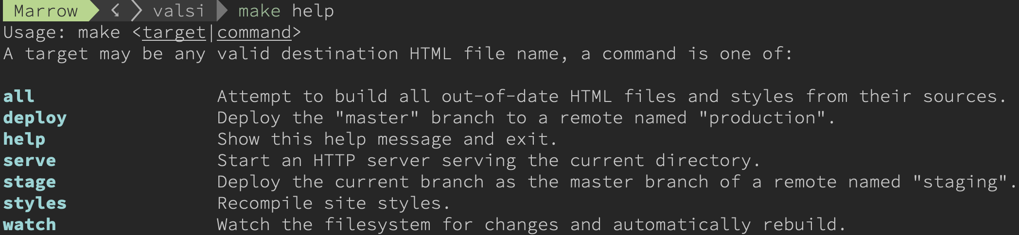 A screenshot of make help output.