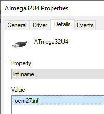 Device properties showing the Inf name value