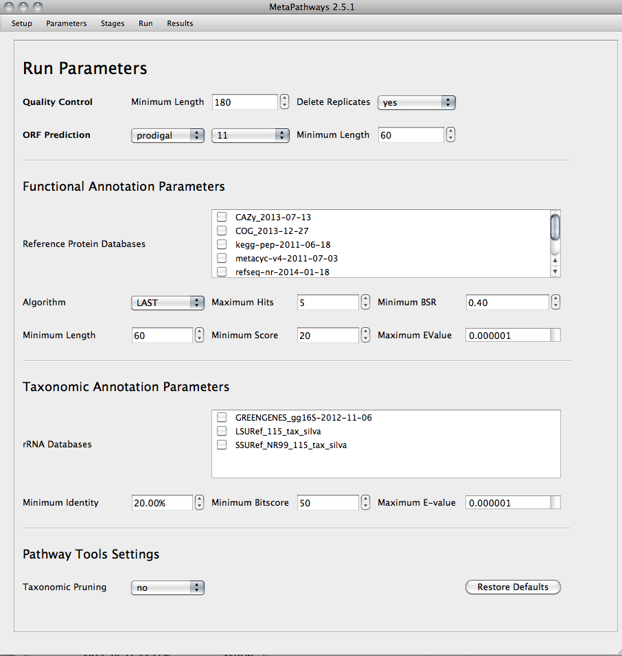 MetaPathways Run Parameters