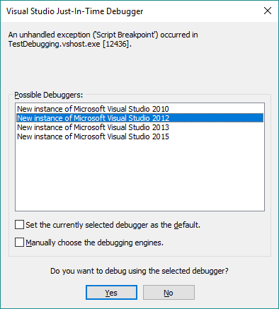 “Visual Studio Just-In-Time Debugger” window