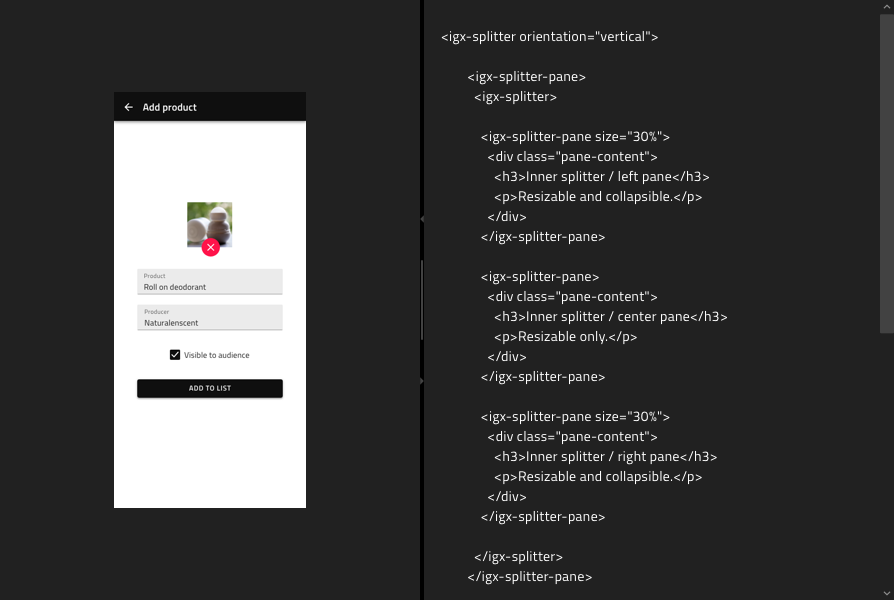 Splitter with design to the left and code view to the right