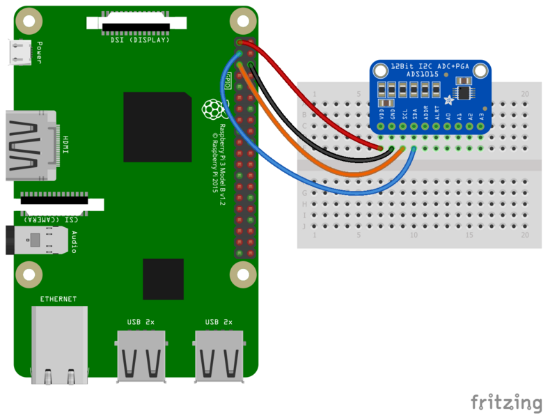 Image of Raspberry Pi wired to the ADS1015