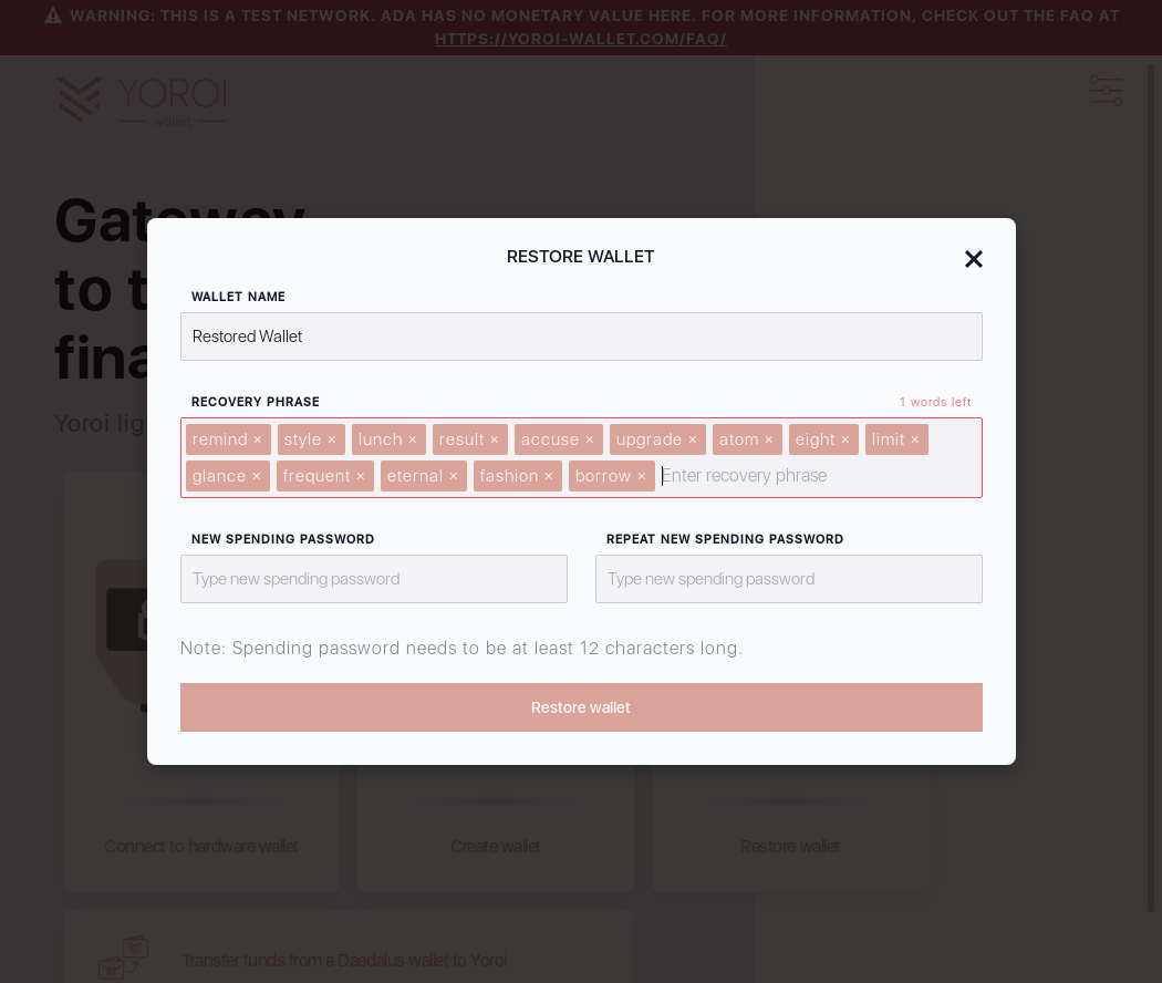 Wallet restoration Recovery Phrase with less than 15 words IT73/6_178-I should see an X words left error message.png