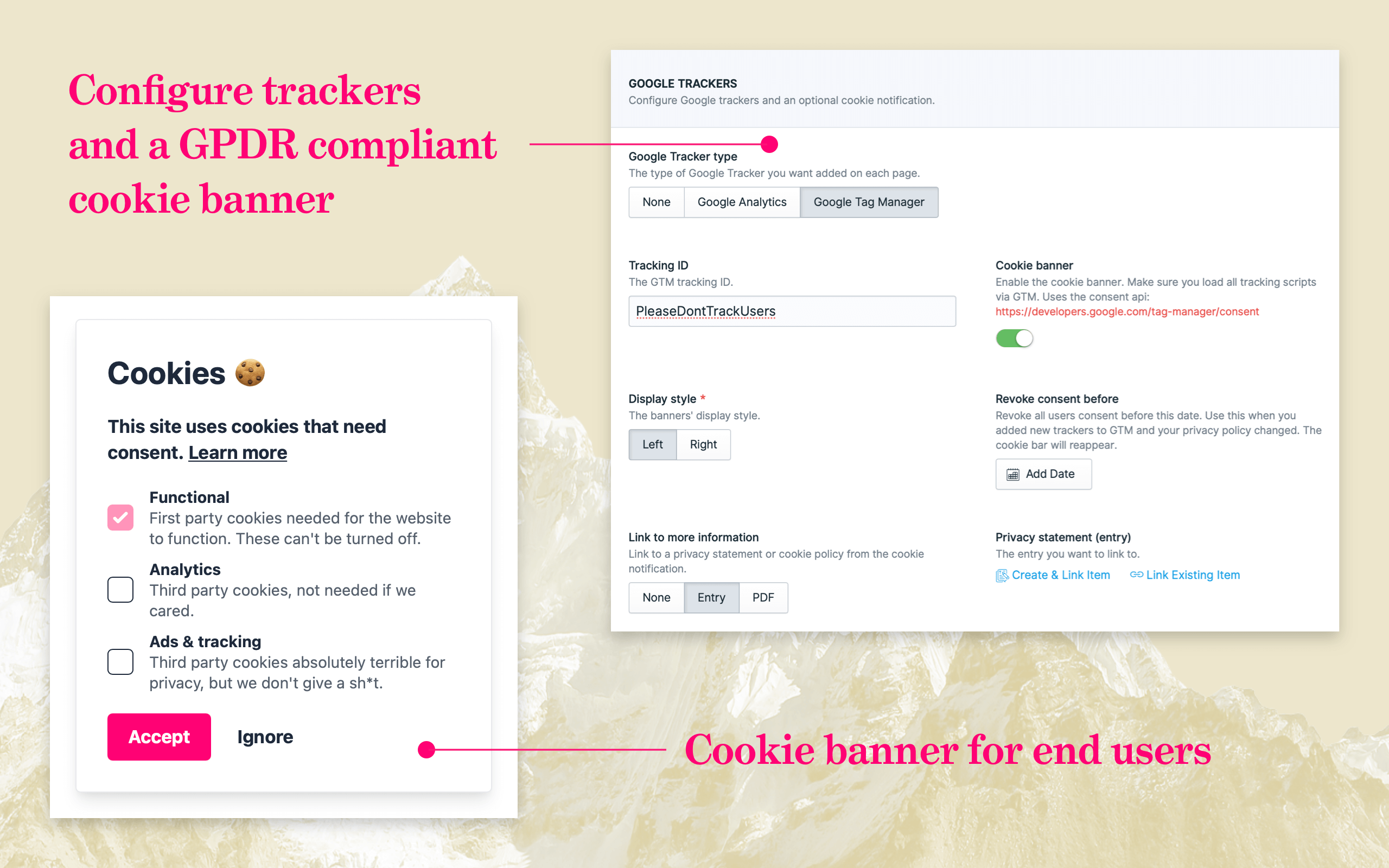 Configure trackers, add a GPDR compliant cookie banner.