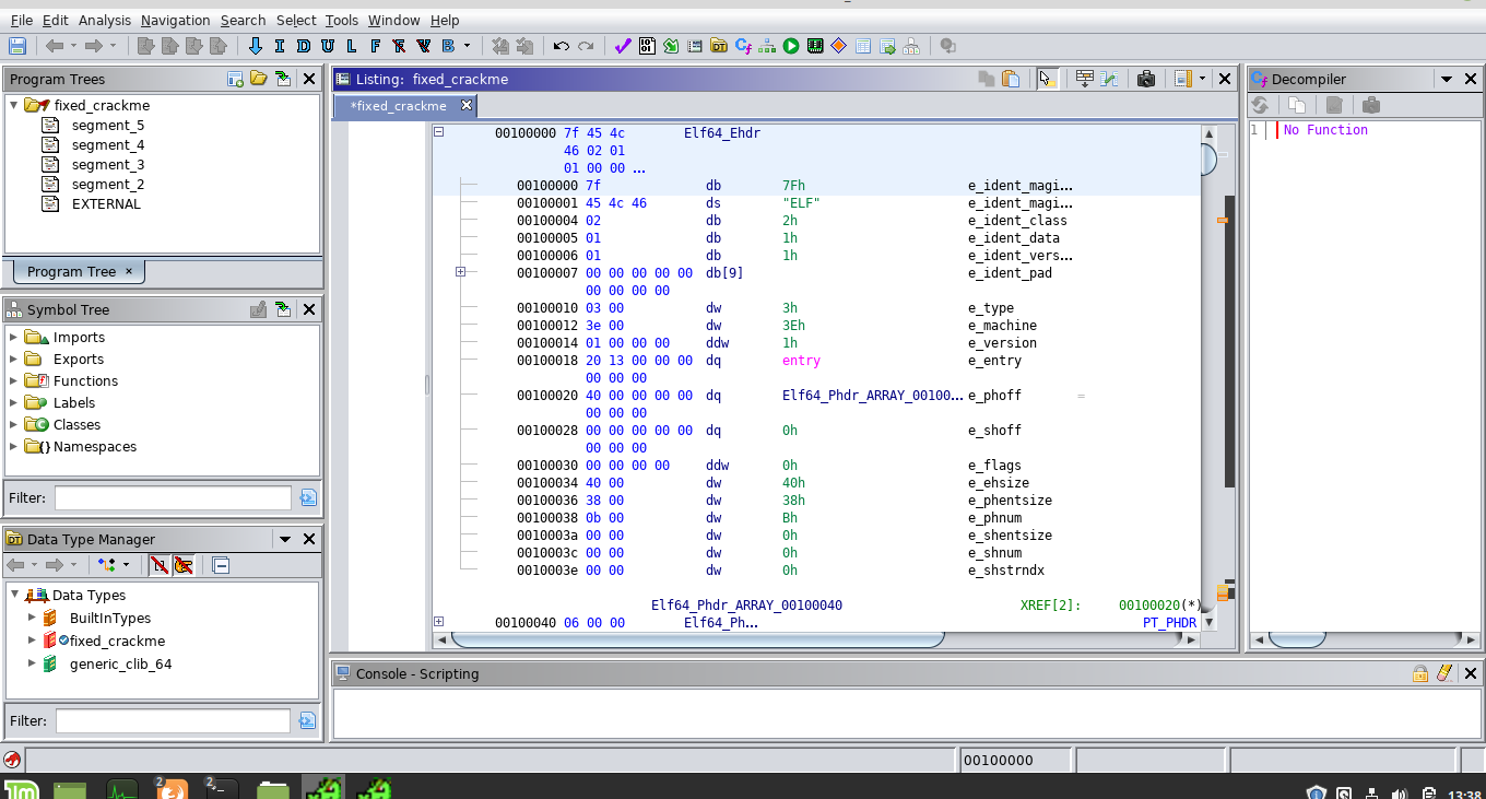 Ghidra loads the binary after the ELF header is repaired