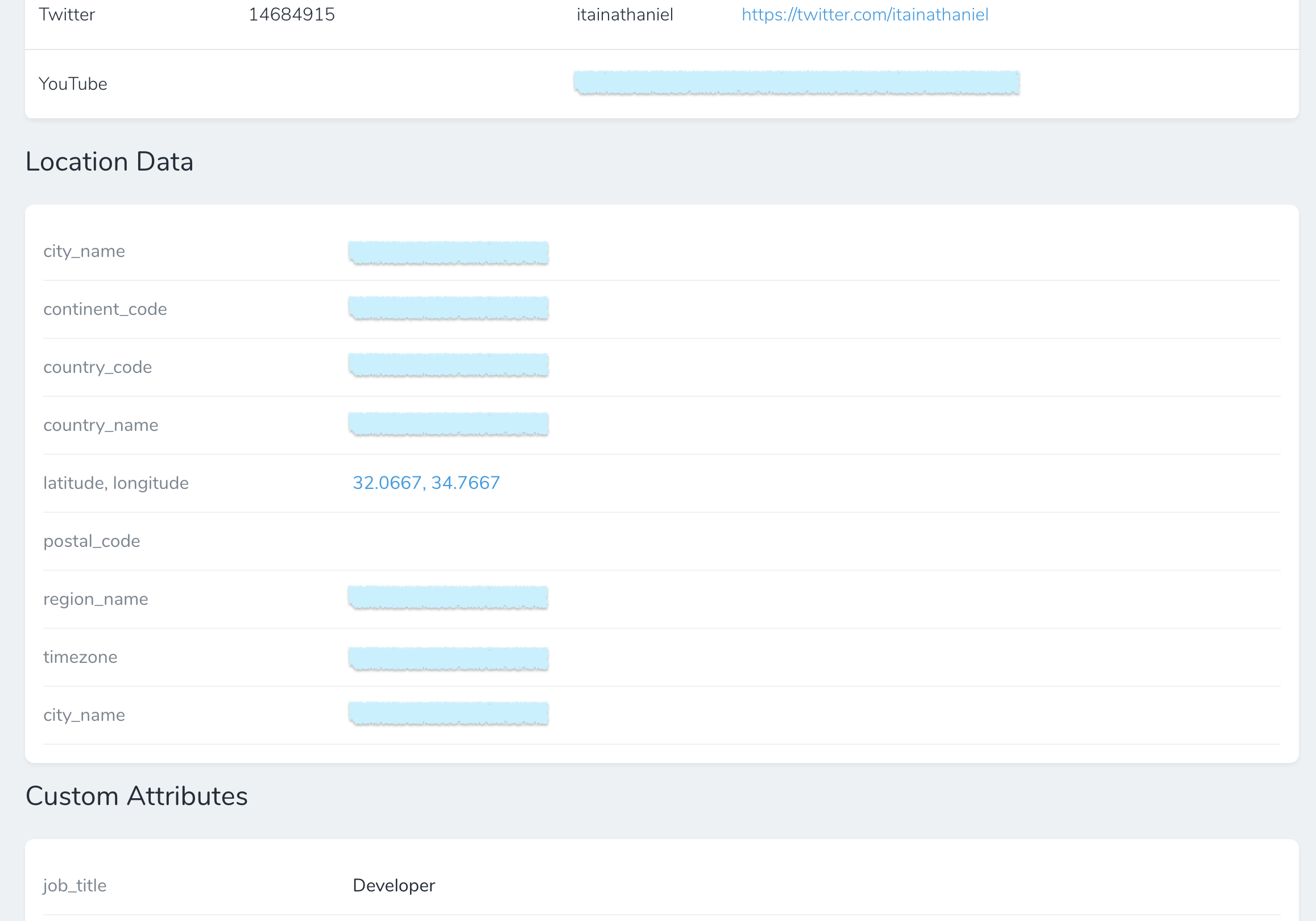 screenshot of the more data view, including some extra data, location & custom attributes