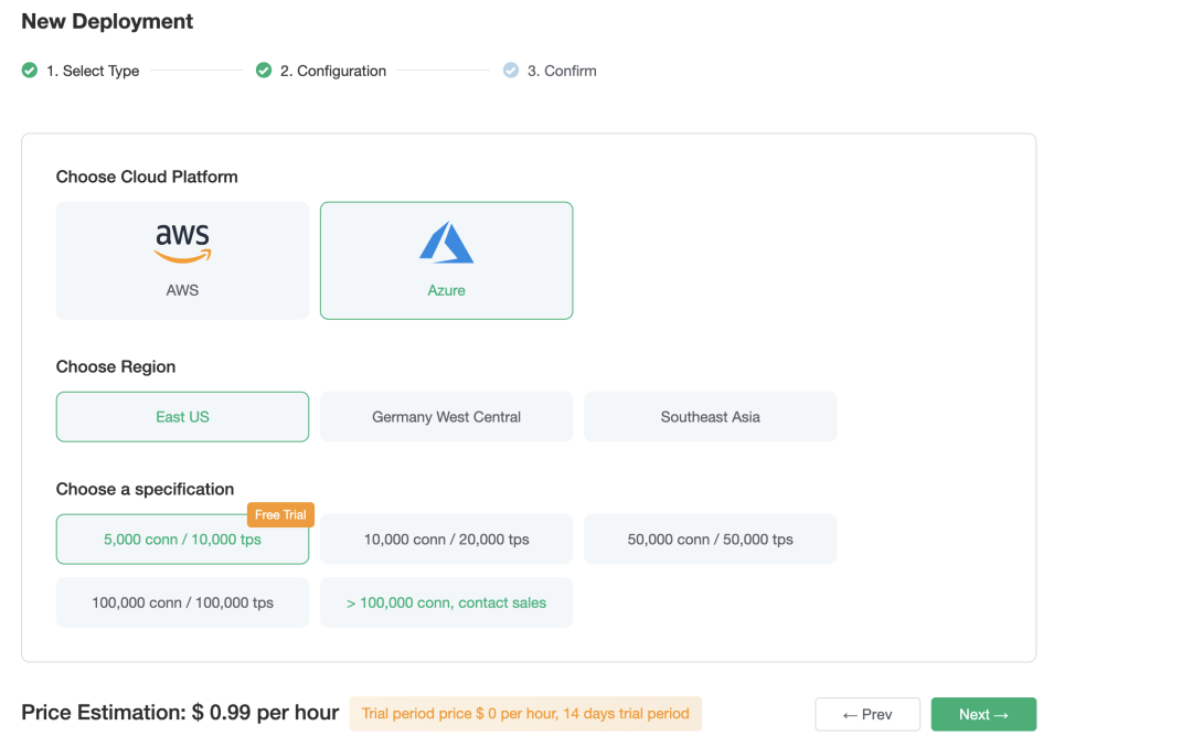 Select Azure and Region