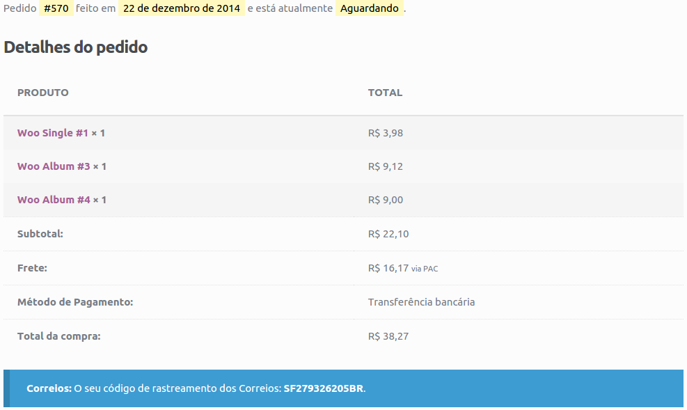 Exemplo do código de rastreamento sendo exibido dentro da página de detalhes de pedido na página "Minha conta".