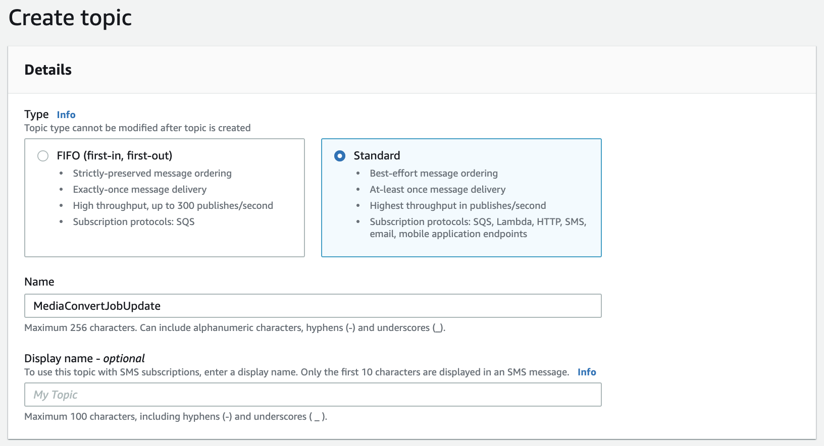 AWS SNS Topic Creation Screenshot